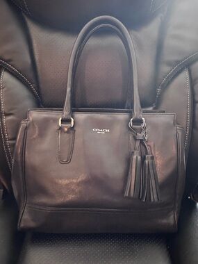 Coach Black Leather Tote with Tassel